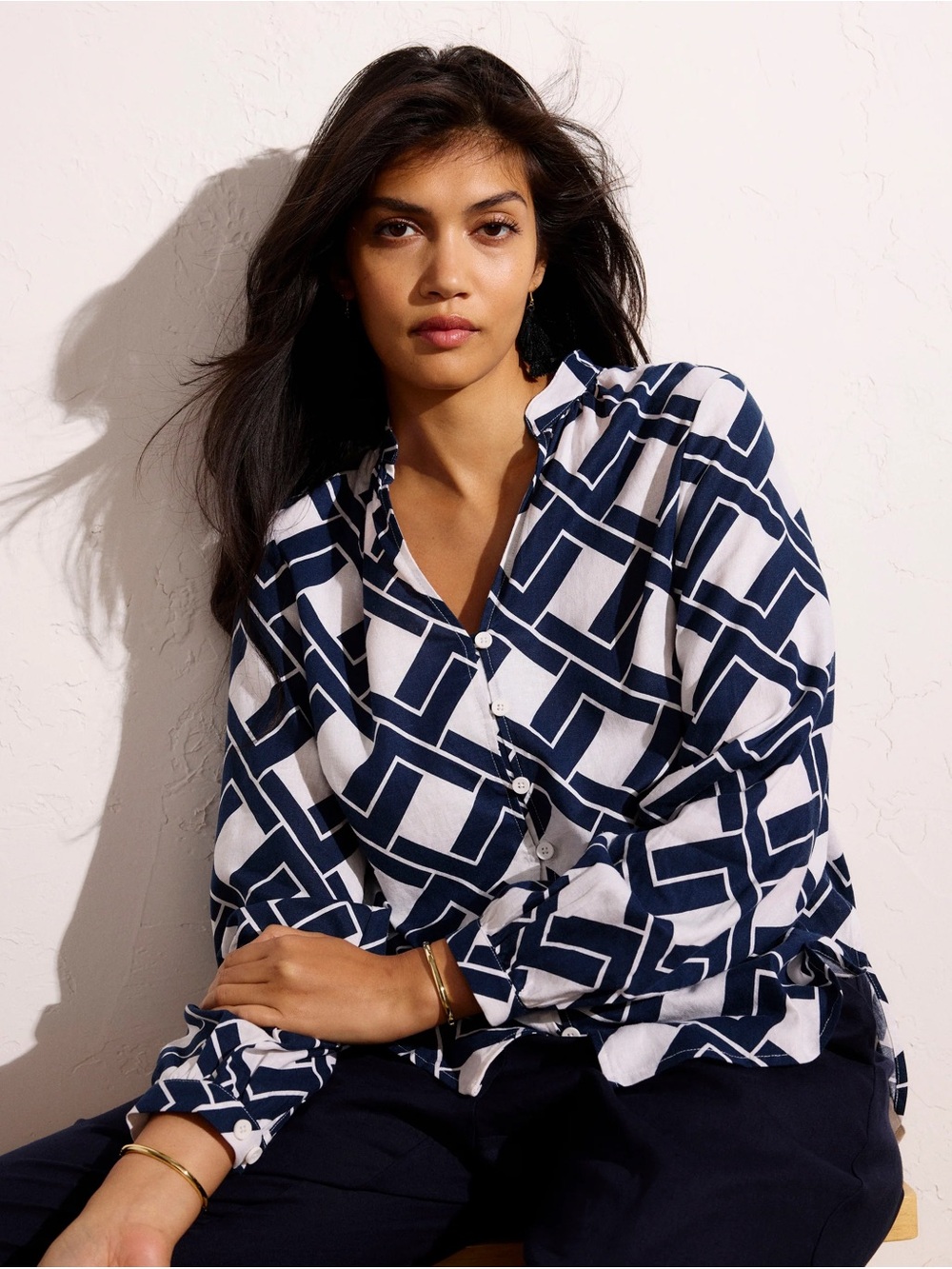 Universal Standard Avalon Linen Blend Blouse in Geometrica Print Size L, 22-24
